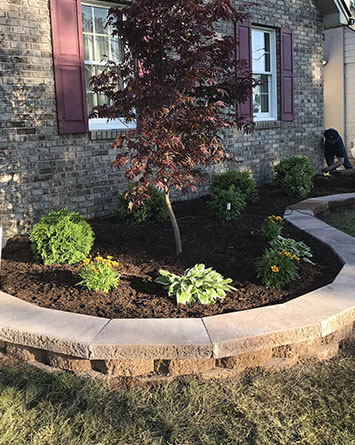 new retaining wall build and install with tree installation and new mulch